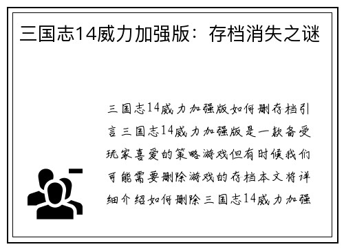 三国志14威力加强版：存档消失之谜
